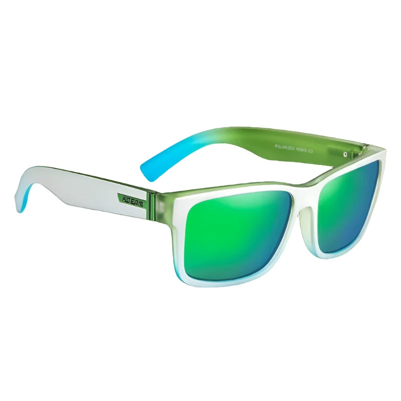 Ray Gods polarised sunglasses with green lenses and white frames. TAC lenses and stainless steel hinges