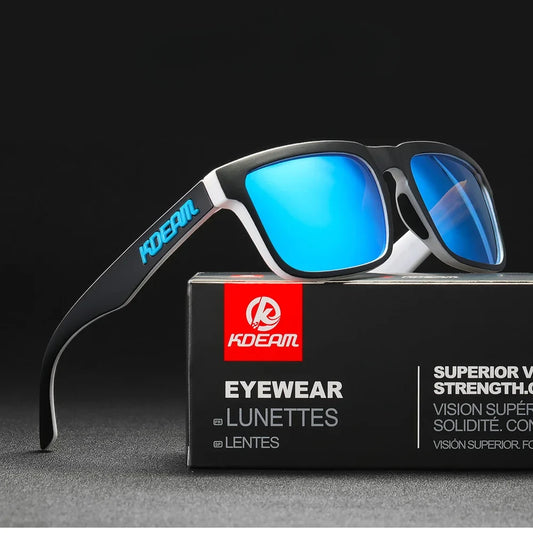 wayfarer style designer sunglasses with black frames and blue lenses