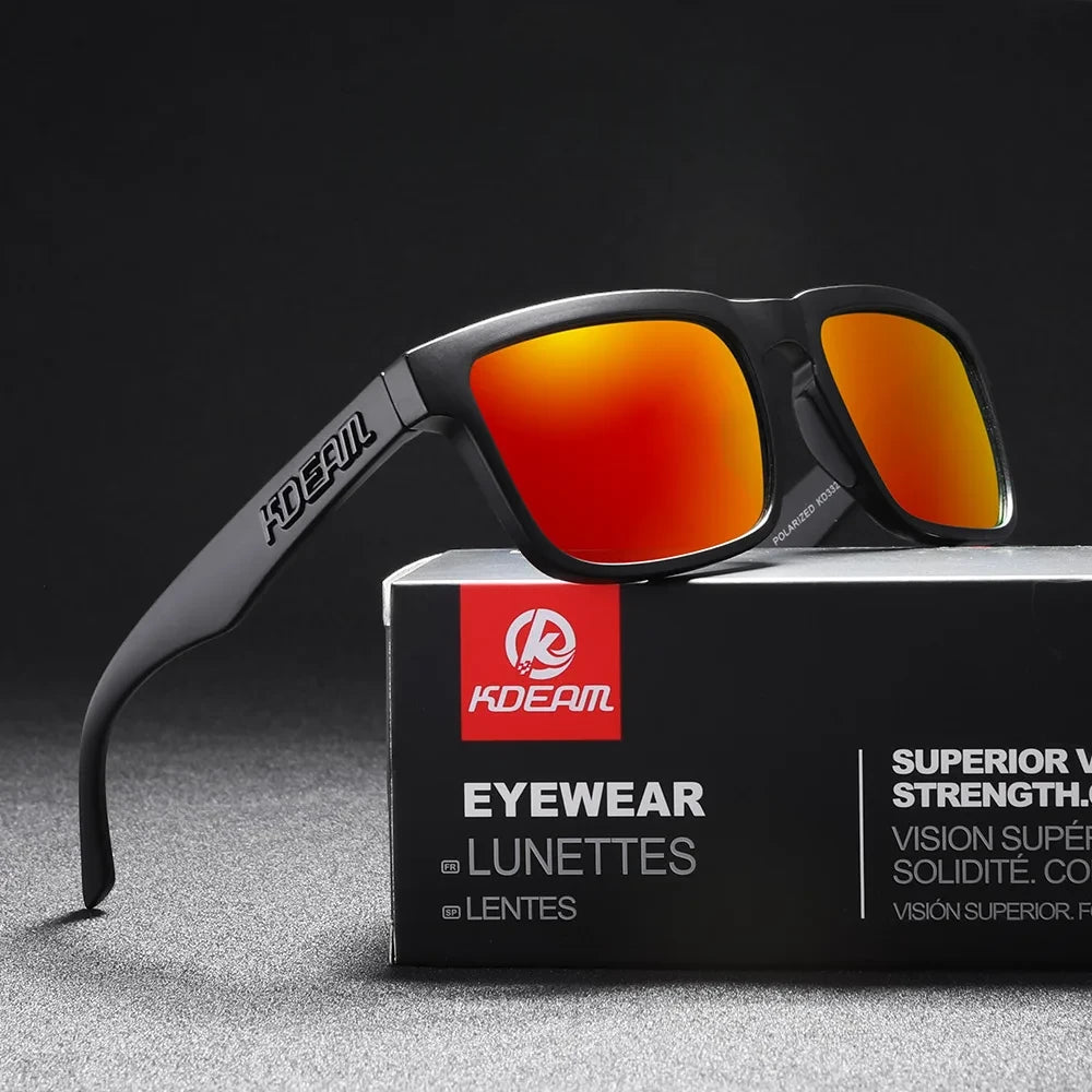 wayfarer style designer sunglasses with black frames and red lenses
